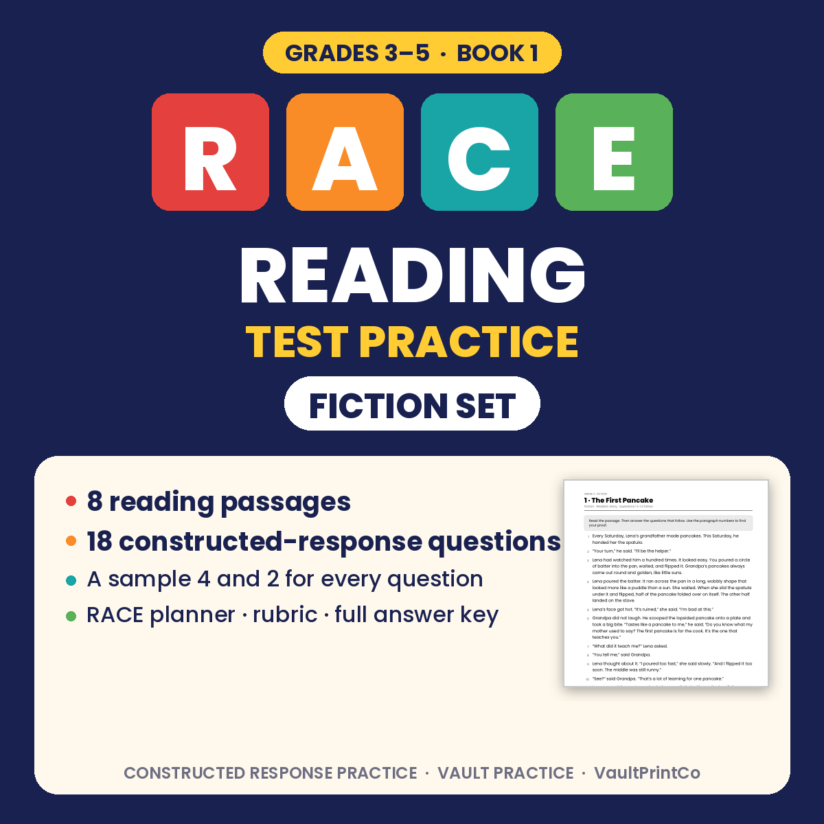 RACE Reading Test Practice, Grades 3–5 Fiction Set: 8 reading passages, 18 constructed-response questions, full answer key