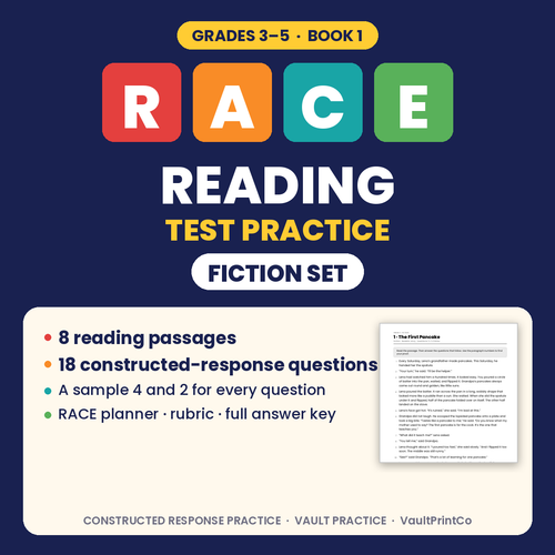 RACE Reading Test Practice, Grades 3–5 Fiction Set: 8 reading passages, 18 constructed-response questions, full answer key