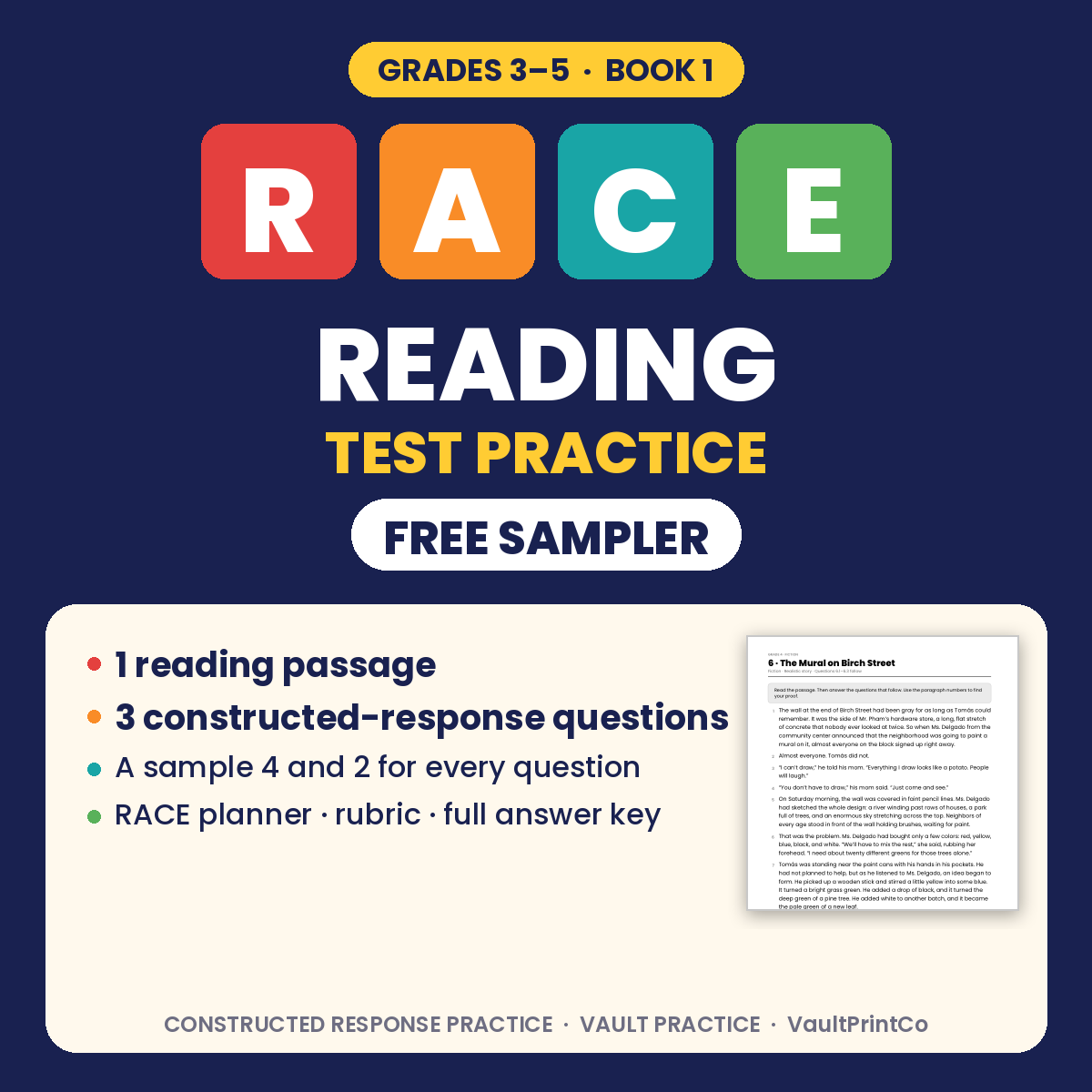 RACE Reading Test Practice, Grades 3–5 free sampler: 1 reading passage, 3 constructed-response questions, answer key