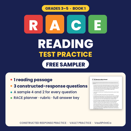 RACE Reading Test Practice, Grades 3–5 free sampler: 1 reading passage, 3 constructed-response questions, answer key