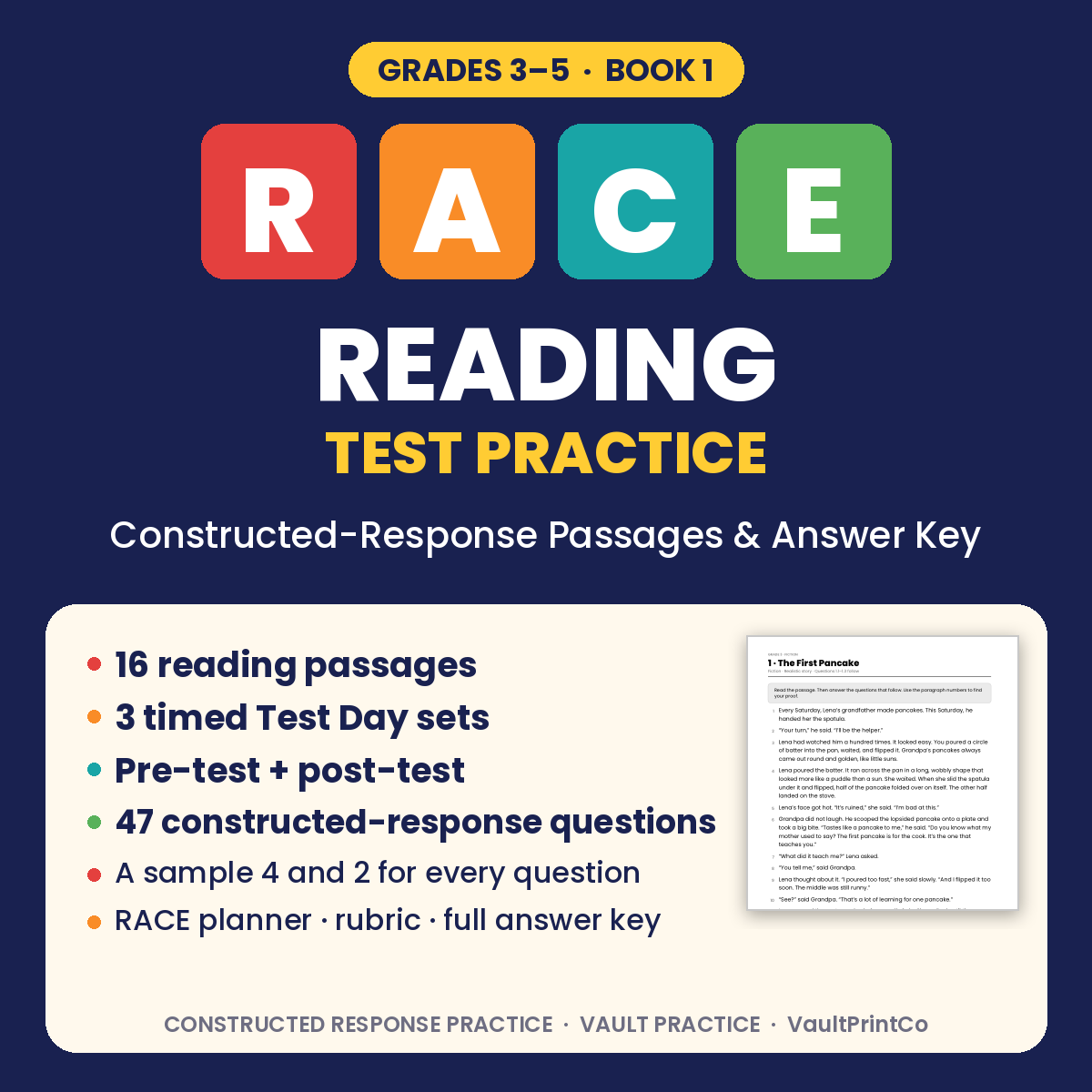 RACE Reading Test Practice, Grades 3–5 full book: 16 reading passages, 3 timed Test Day sets, pre- and post-test, 47 constructed-response questions