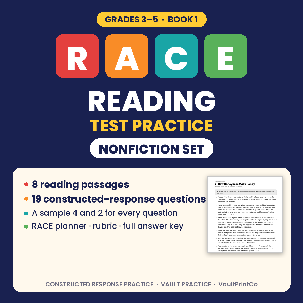 RACE Reading Test Practice, Grades 3–5 Nonfiction Set: 8 reading passages, 19 constructed-response questions, full answer key