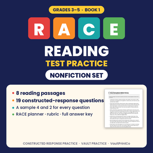RACE Reading Test Practice, Grades 3–5 Nonfiction Set: 8 reading passages, 19 constructed-response questions, full answer key