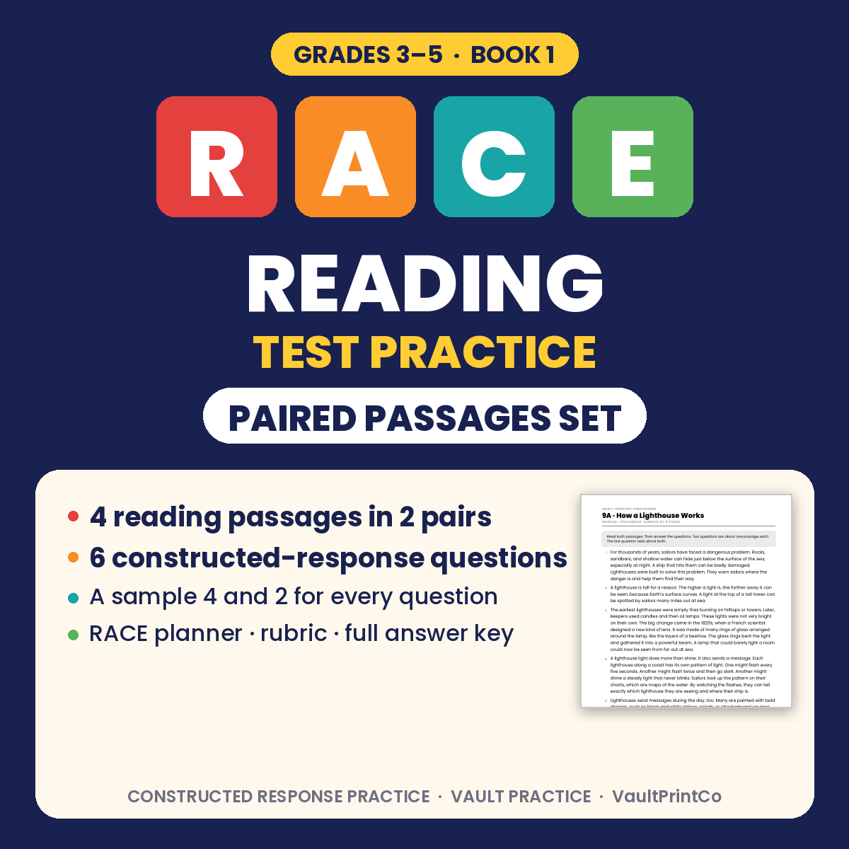 RACE Reading Test Practice, Grades 3–5 Paired Passages Set: 4 reading passages in 2 pairs, 6 constructed-response questions