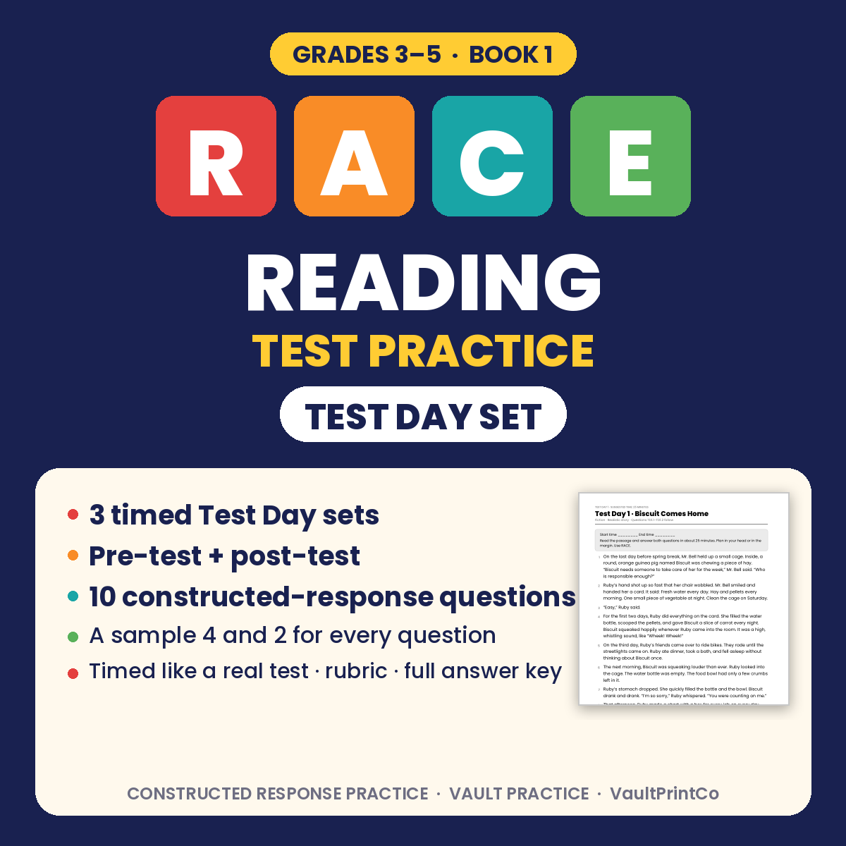 RACE Reading Test Practice, Grades 3–5 Test Day Set: 3 timed Test Day sets, pre- and post-test, 10 constructed-response questions