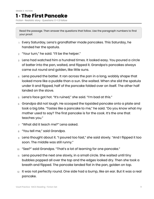 Fiction passage 1, The First Pancake, with numbered paragraphs