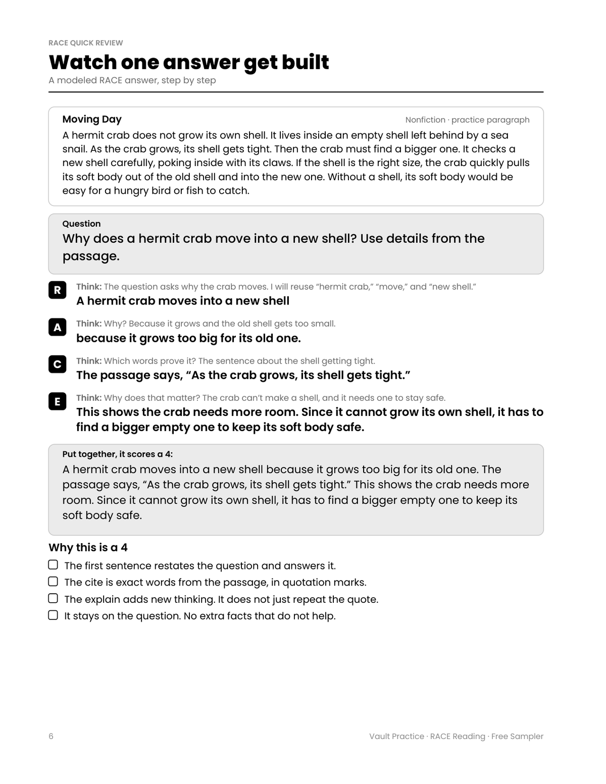 Sampler page 6: a modeled RACE answer built step by step