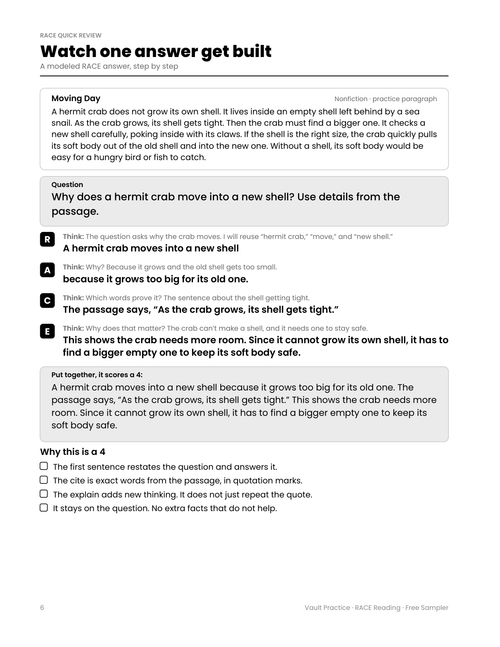 Sampler page 6: a modeled RACE answer built step by step