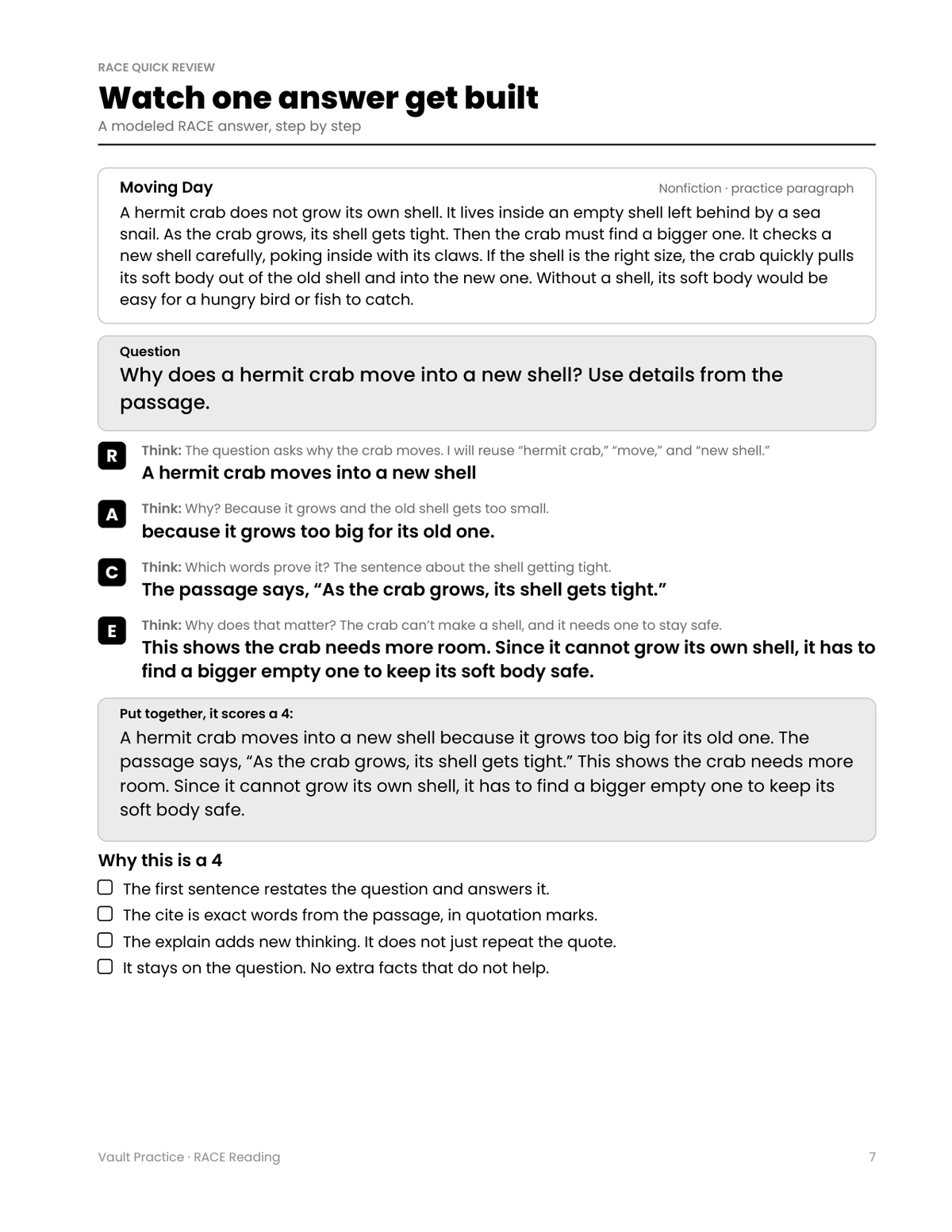 Page 7: a modeled RACE answer built step by step for the question, Why does a hermit crab move into a new shell?
