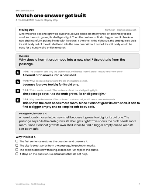 Page 7: a modeled RACE answer built step by step for the question, Why does a hermit crab move into a new shell?