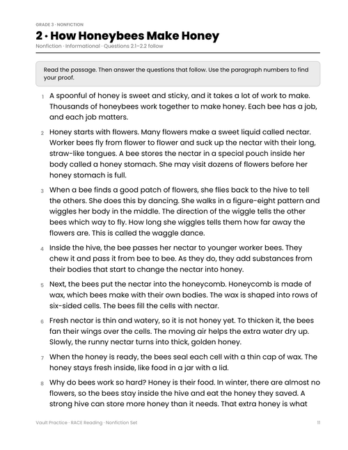 Informational passage 2, How Honeybees Make Honey, with numbered paragraphs