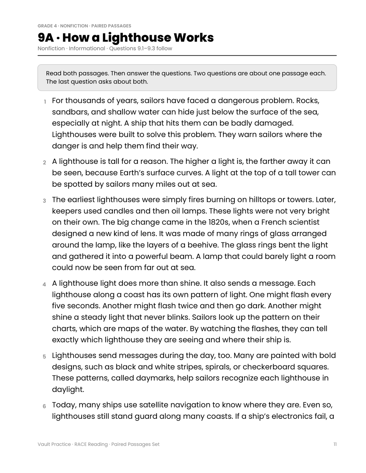 Passage 9A, How a Lighthouse Works, the first text in a paired set