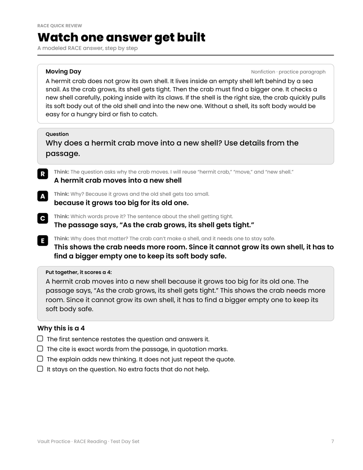 Page 7: a modeled RACE answer built step by step