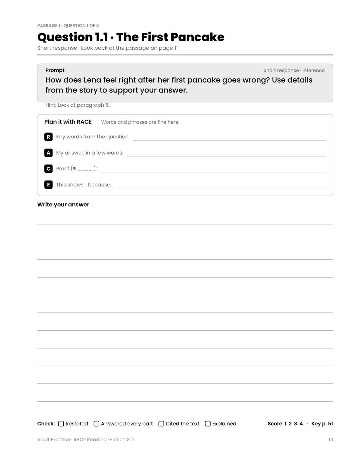 Question 1.1 with the Plan it with RACE organizer and writing lines