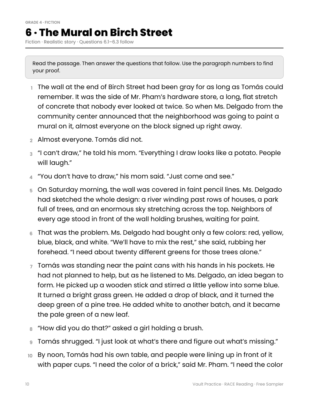 Sampler page 10: grade 4 fiction passage The Mural on Birch Street