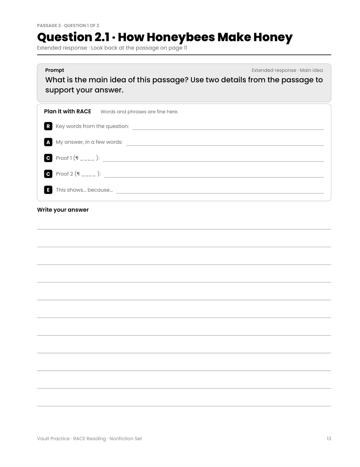 Question 2.1 with the Plan it with RACE organizer and writing lines