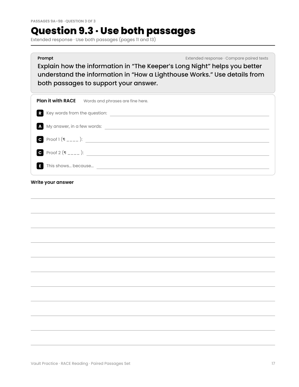 Question 9.3, Use both passages: The Keeper's Long Night and How a Lighthouse Works, with the RACE organizer
