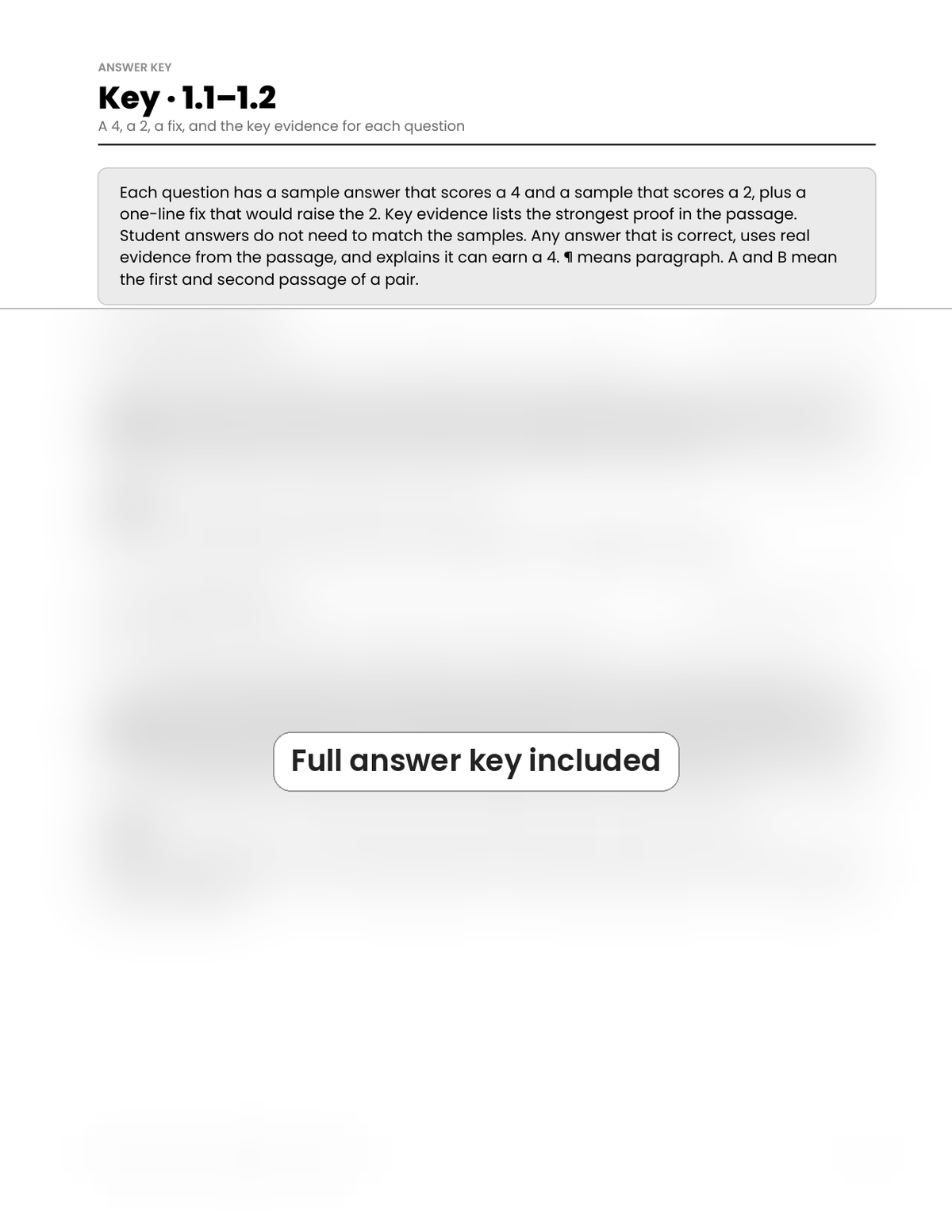 Answer key for questions 1.1–1.2, partly blurred in this preview