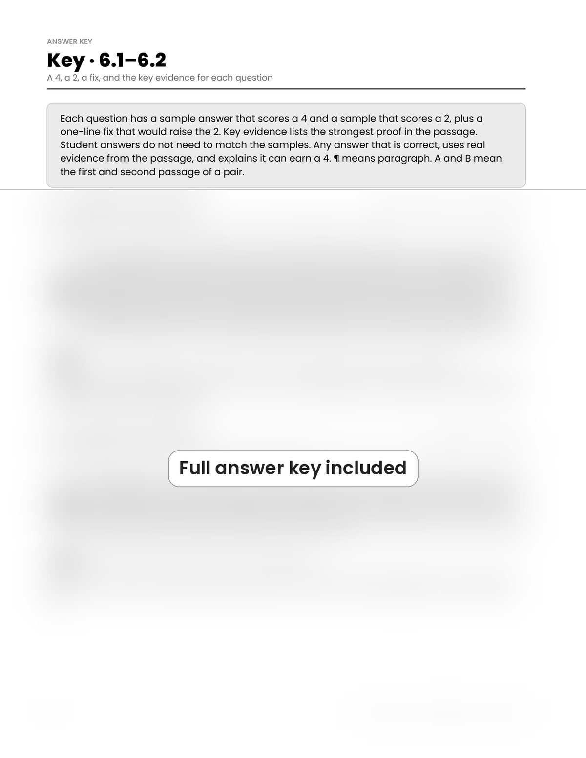 Sampler page 16: answer key for questions 6.1–6.2, partly blurred in this preview