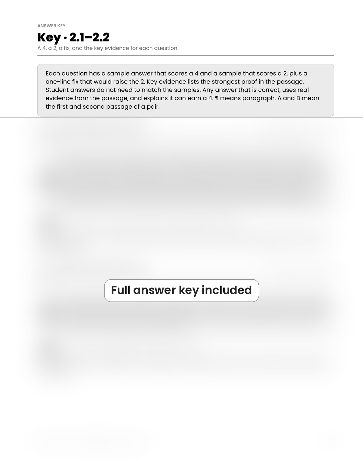 Answer key for questions 2.1–2.2, partly blurred in this preview