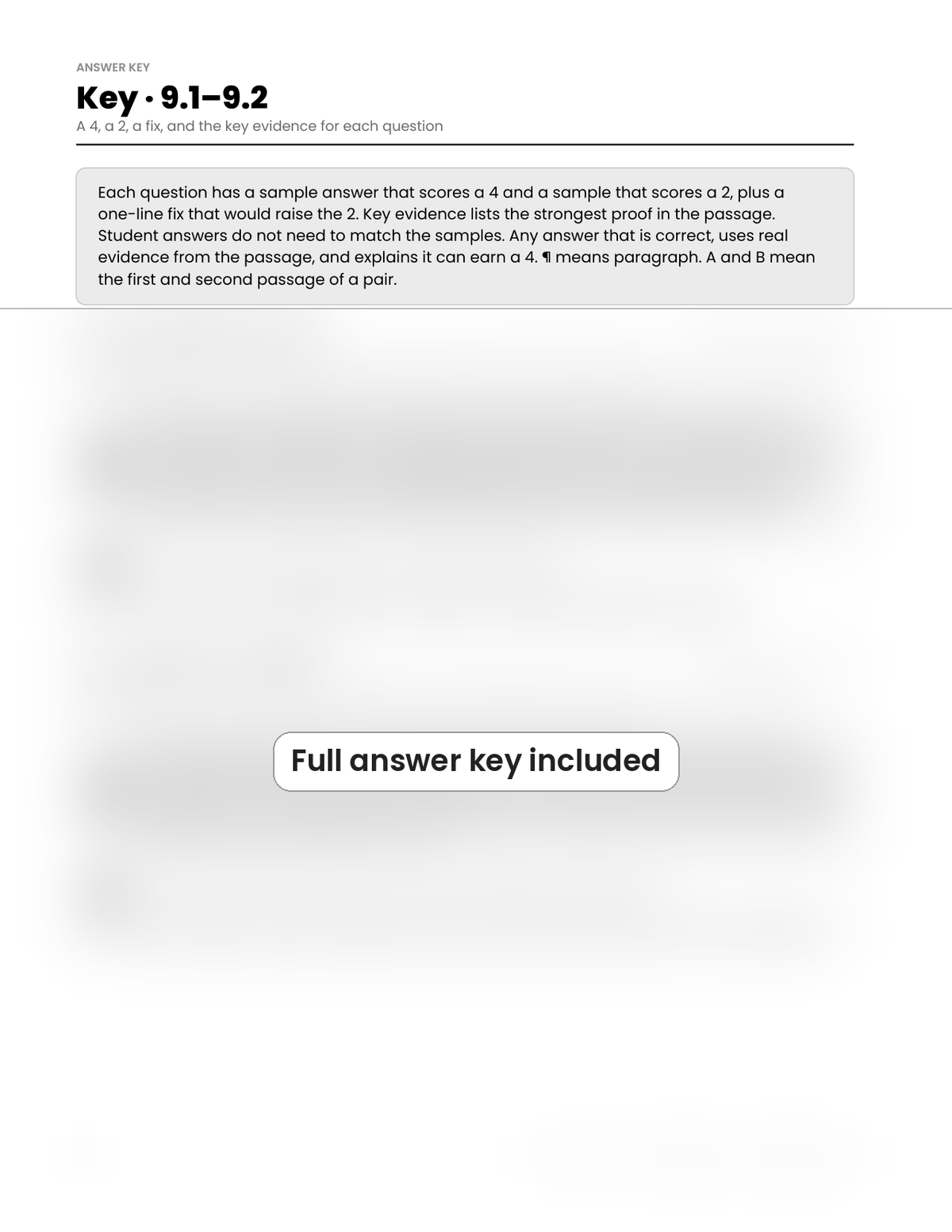 Answer key for questions 9.1–9.2, partly blurred in this preview