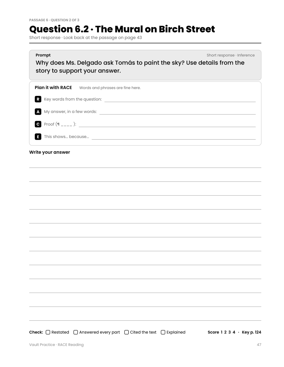 Page 47: Question 6.2 with the Plan it with RACE organizer and wide writing lines