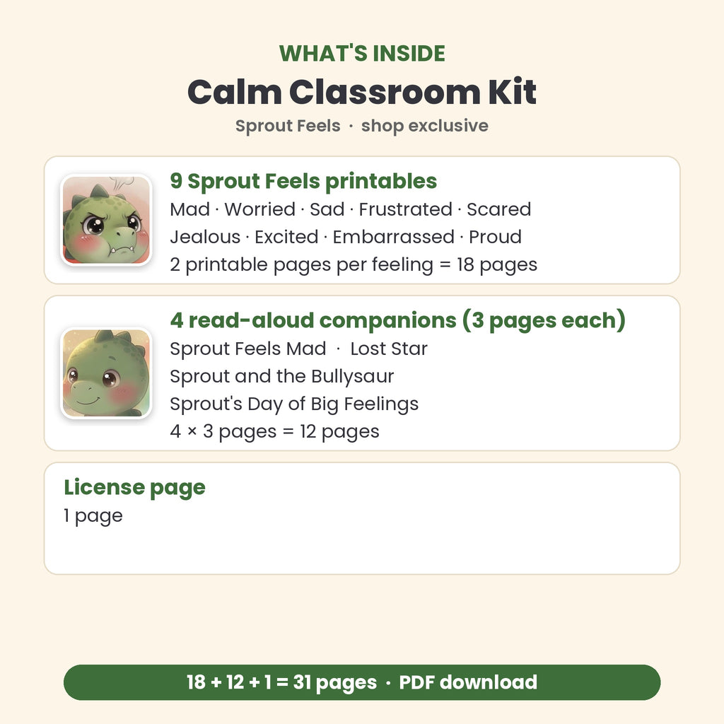 What's inside the Calm Classroom Kit: 9 Sprout Feels printables, 4 read-aloud companions, classroom license