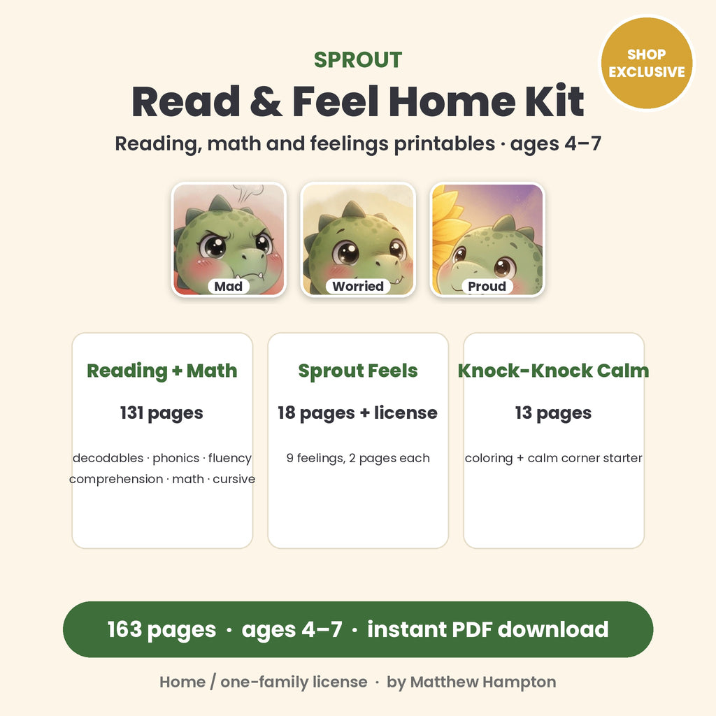 Sprout Read and Feel Home Kit: reading, math and feelings printables for ages 4 to 7, 163 pages