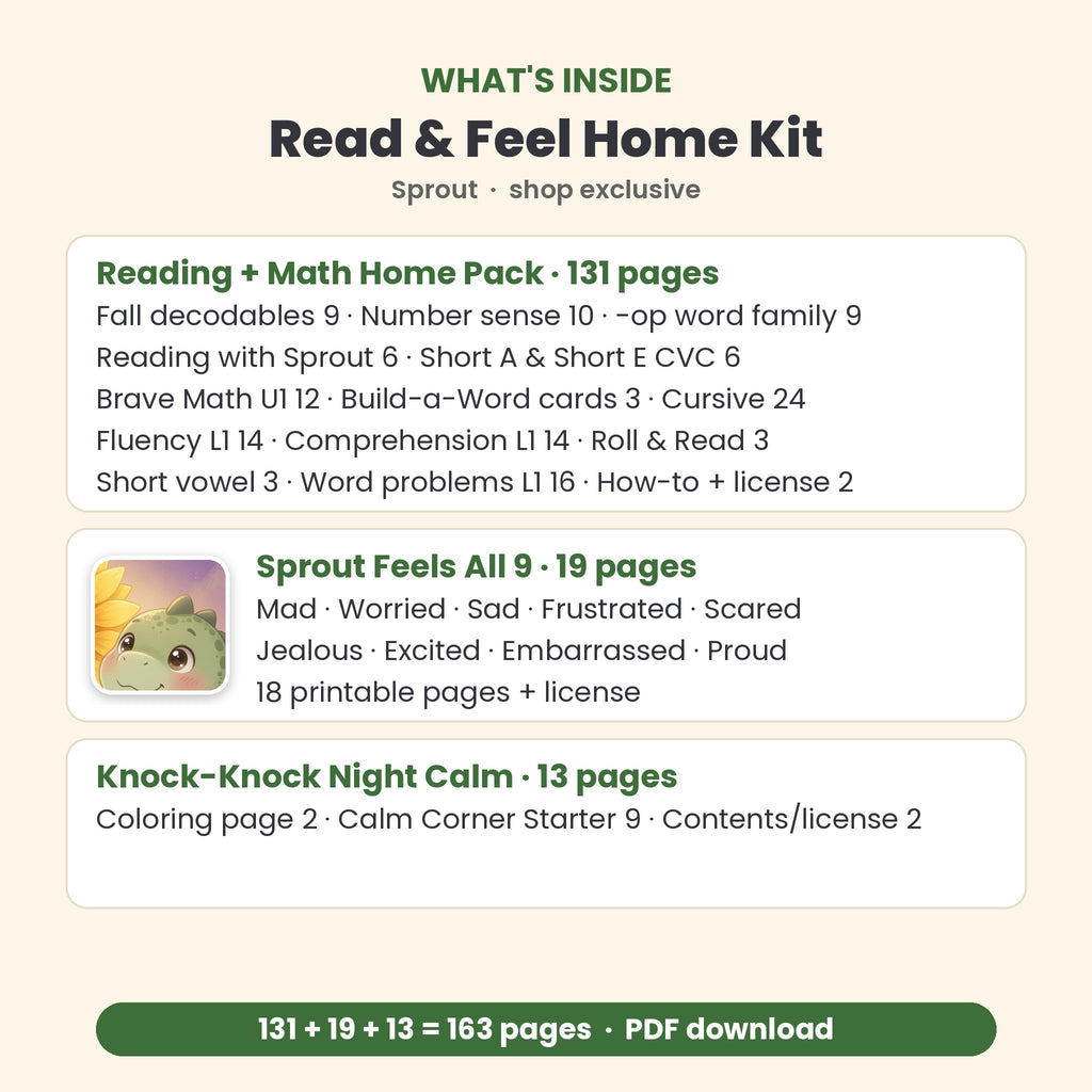 What's inside the Read and Feel Home Kit: Reading and Math pack, Sprout Feels All 9, Knock-Knock Night calm pages