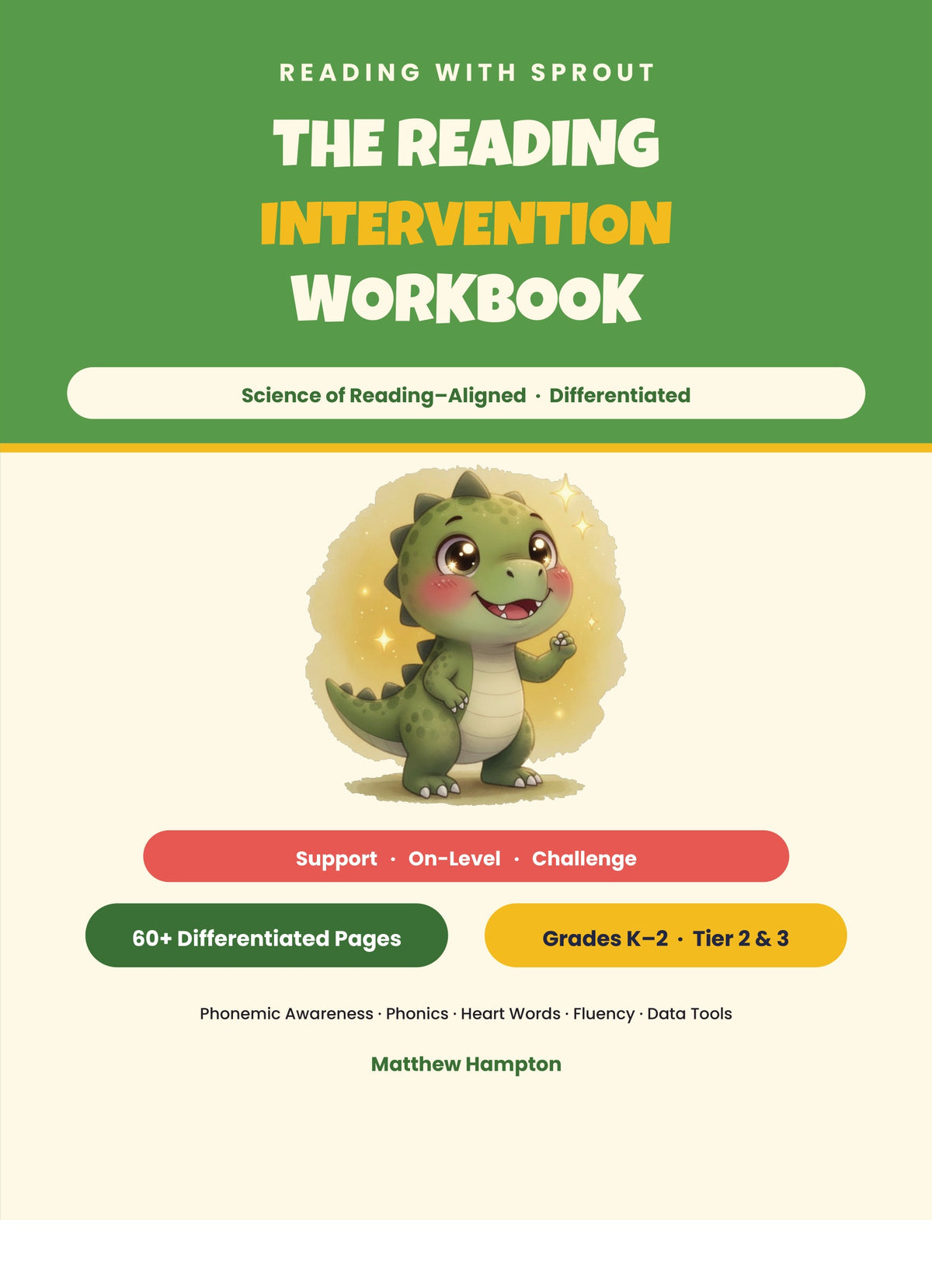 The Reading Intervention Workbook Level 1 cover with Sprout the dinosaur