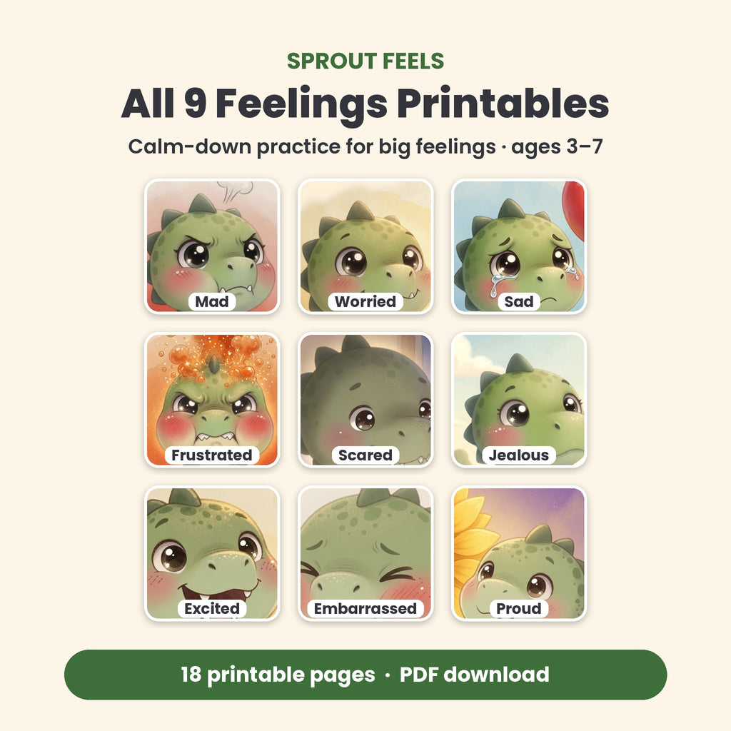 Sprout Feels All 9 Feelings Printables: Mad, Worried, Sad, Frustrated, Scared, Jealous, Excited, Embarrassed, Proud